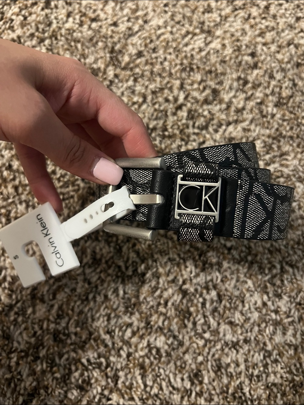 Calvin Klein Black Logo Print Belt with Silver CK Buckle